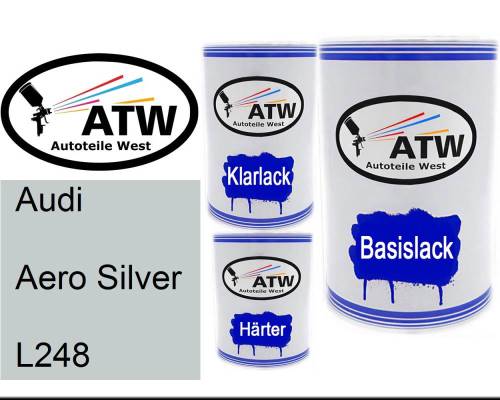 Audi, Aero Silver, L248: 500ml Lackdose + 500ml Klarlack + 250ml Härter - Set, von ATW Autoteile West.